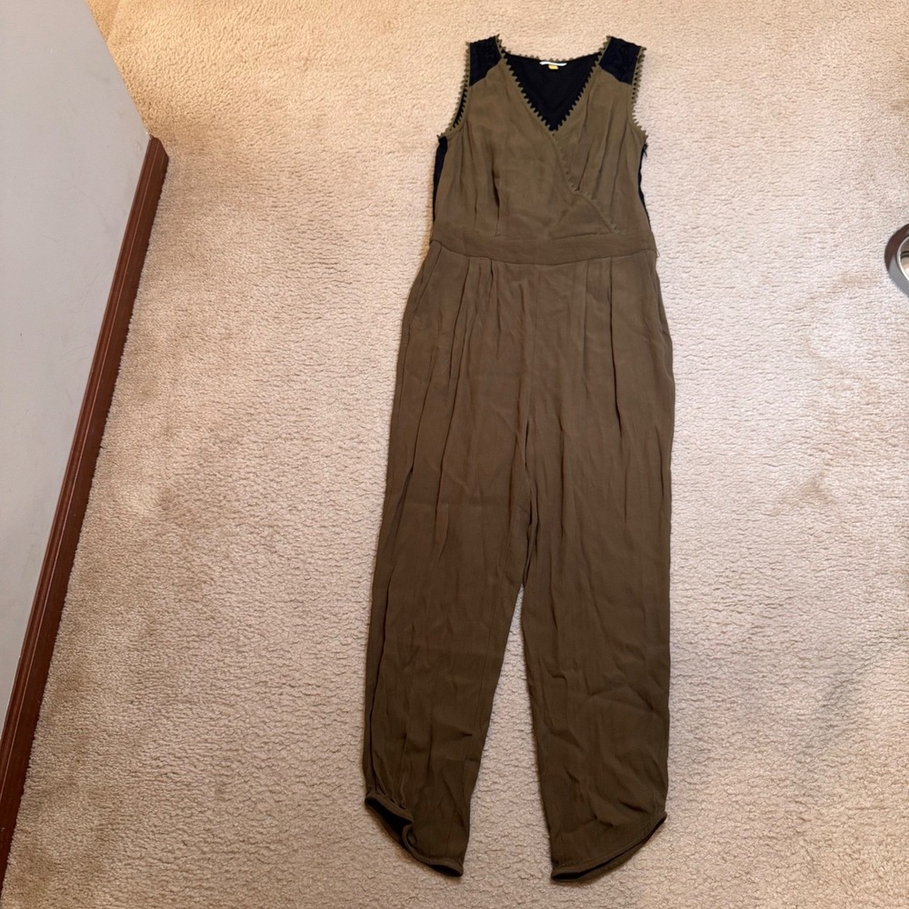 Anthropologie Leifsdottir Whimsigoth Olive Green Black Jumpsuit Lace Belt Sz 10 - Picture 12 of 16